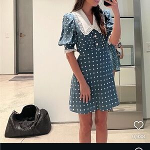 Polka Dot Blue Dress with White Collar